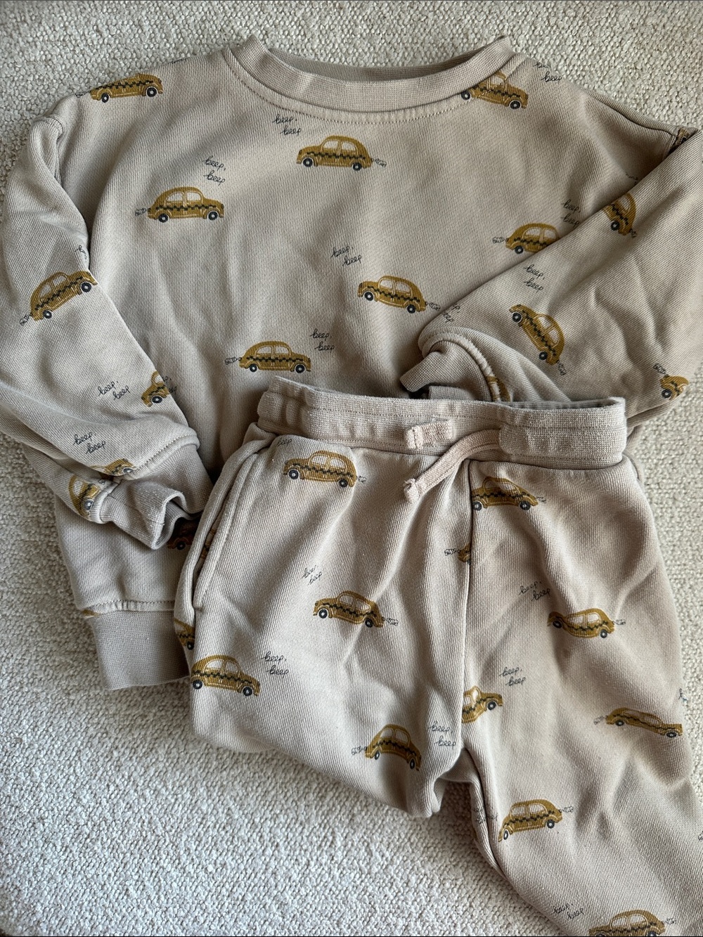 Rylee + Cru Beige Joggers with Yellow Taxi Car Print